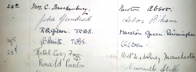 Signatures of R Q Gilson and G B Smith in the guestbook at Samuel Johnson's birthplace