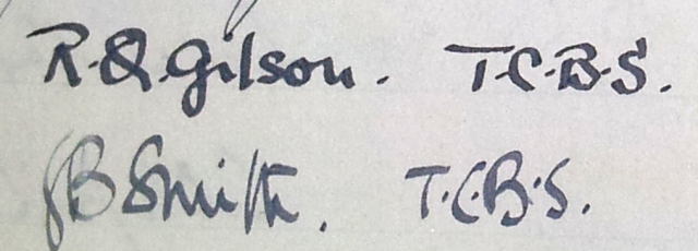 Signatures of R Q Gilson and G B Smith in the guestbook at Samuel Johnson's birthplace, Lichfield